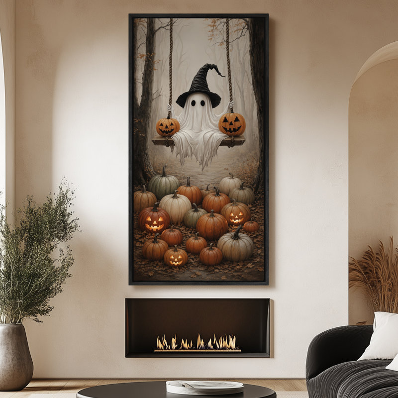 Tableau d'Halloween avec balançoire fantôme et citrouille, impression giclée sur toile encadrée, pour le salon, Black