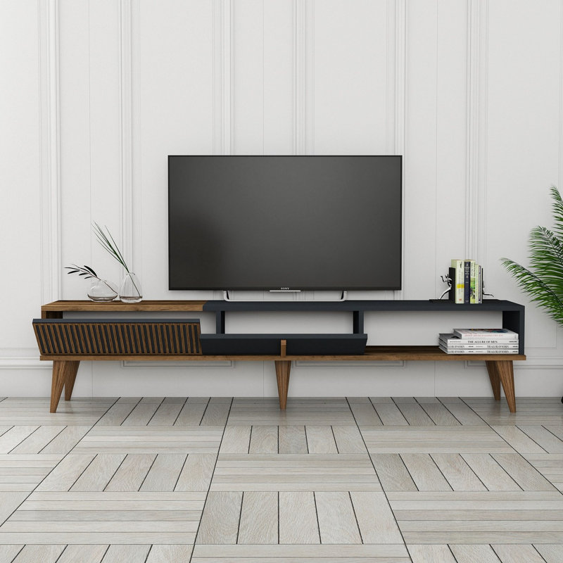 Meuble télé moderne avec capacité de fixation murale, noyer et anthracite, 70,9 po x 15,7 po x 15,7 po | 100% panneau de particules enduit de mélamine, épaisseur durable de 0,71 pouce | Plusieurs tablettes, pieds en plastique, capacité de poids maximale de 66,1 lb, conception scandinave
