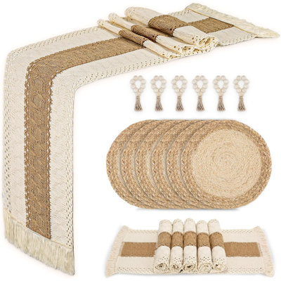 Set Of 6 With Charger Plates Table Mats Table Runner And Napkin Rings,Made Of Natural Cotton Burlap And Corn Husk,Non-Slip Heat-Resistant Boho Fall Placemats For Dining