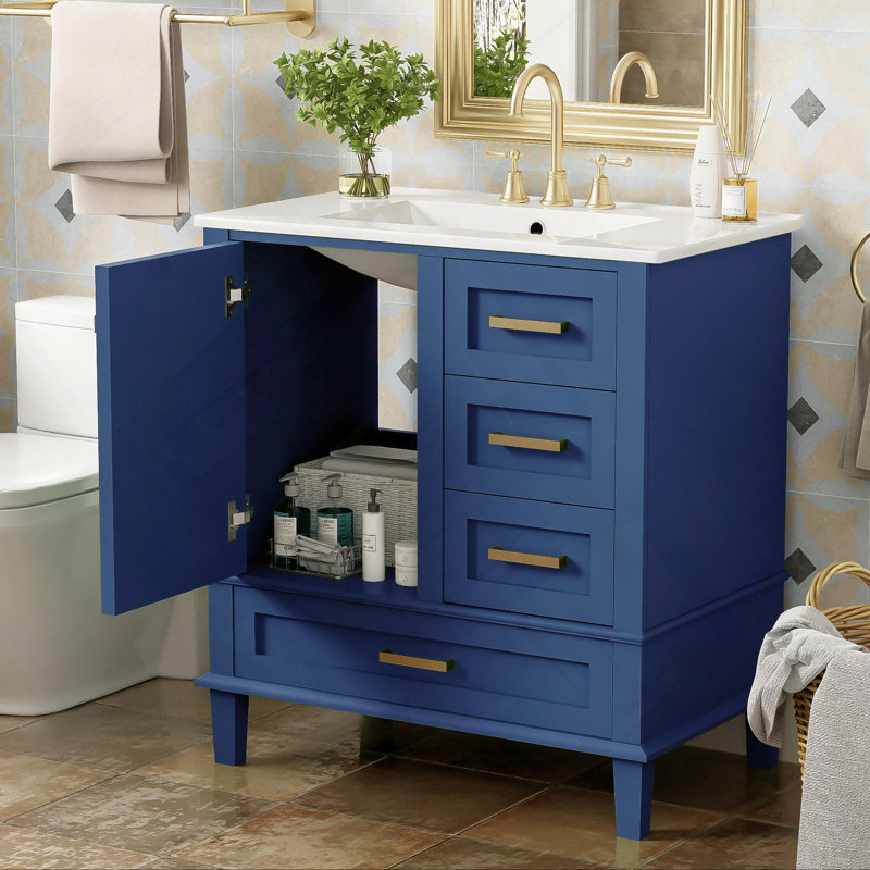 Armoire de rangement pour salle de bain avec lavabo et armoire à 3 tiroirs, Bleu