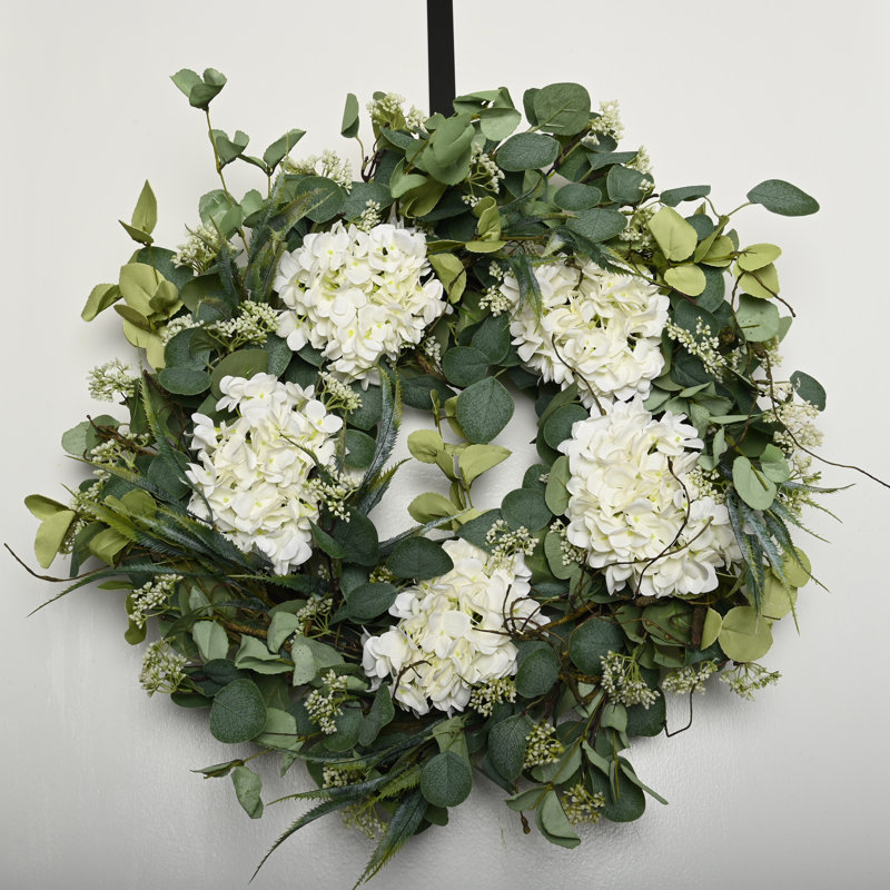 Spring Summer Eucalyptus 24" Hydrangea Floral Wreath for Front Door
