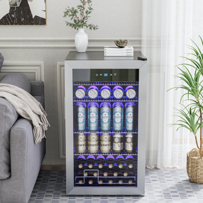 17.52 Inch 150 Can Beverage Refrigerator, Glass Door, Digital Temp Control, Adjustable Shelves with Bottom Retention Guard Rail, Freestanding/Built-In Cooler, Quiet No-Frost Mini Fridge for Apartment, Office & Home Bar