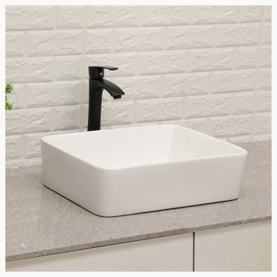 Hewei 15'' White/Black Ceramic Rectangular Vessel Bathroom Sink with Faucet