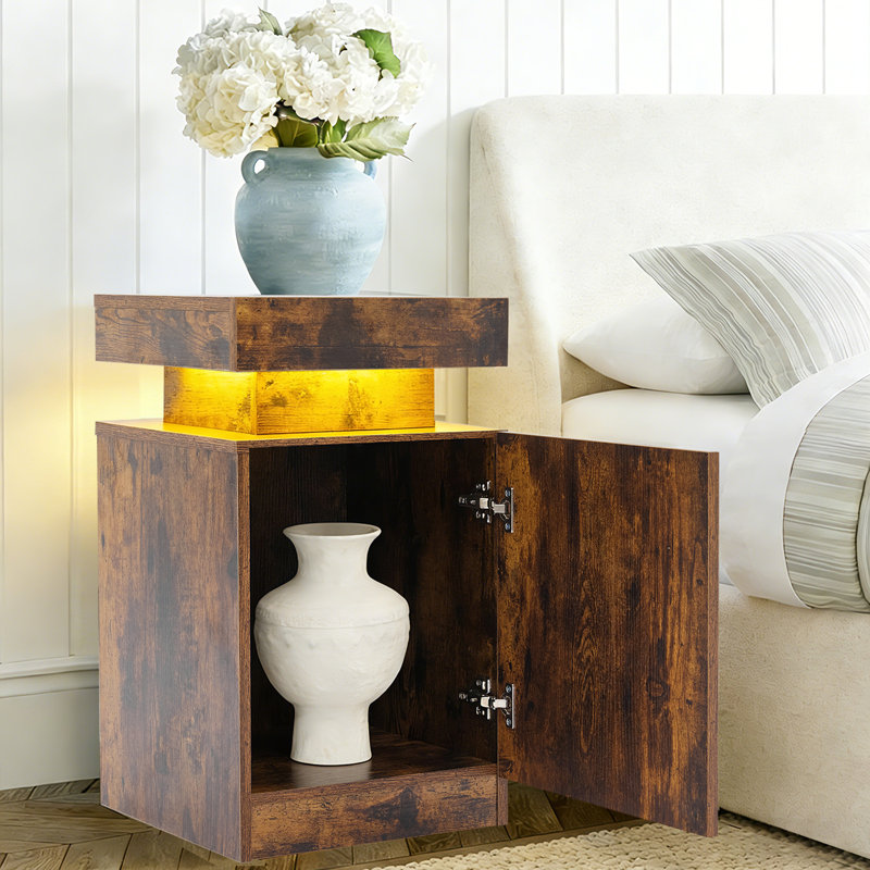 Table de chevet, ensemble de 2, table de chevet en bois avec lumières DEL, table de chevet moderne avec armoire de rangement pour la chambre à coucher