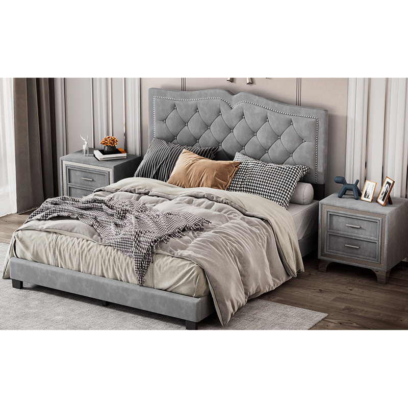 Structure de lit tapissier grand avec rivet - tête de lit en velours ornée, confortable et élégante, tête de lit moderne de 700 lb, velours gris, structure en contreplaqué, support