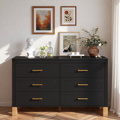 Commode moderne avec 6 tiroirs, poignées en métal et pieds en bois