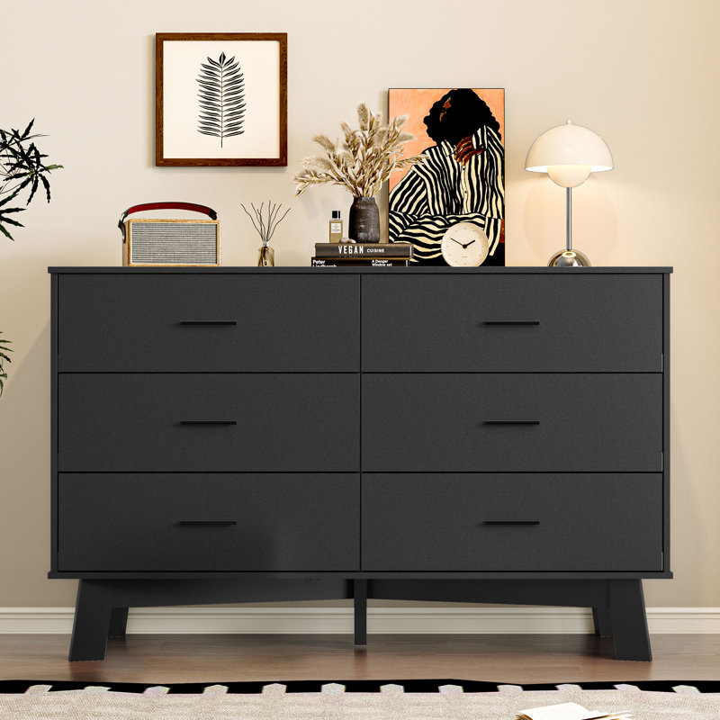 6 -Drawer Double Dresser 47.24''W, Chest Of Drawers With Adjustable Base For Bedroom, Living Room, Black
