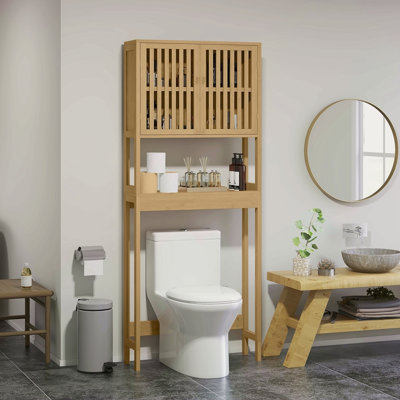 Armoire de rangement en bambou au-dessus de la toilette, organisateur de salle de bain au-dessus de la toilette avec portes à lattes, tablette réglable et tablette ouverte