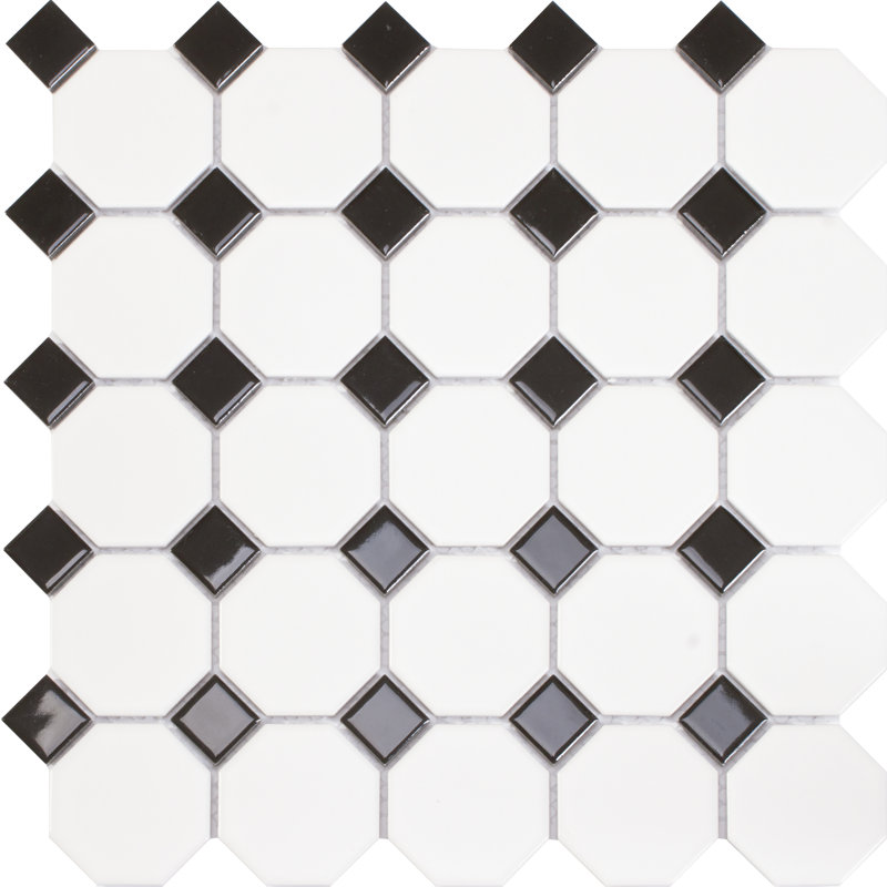 14.7 x 14.7 cm Beveled Porcelain Tile, Black/White