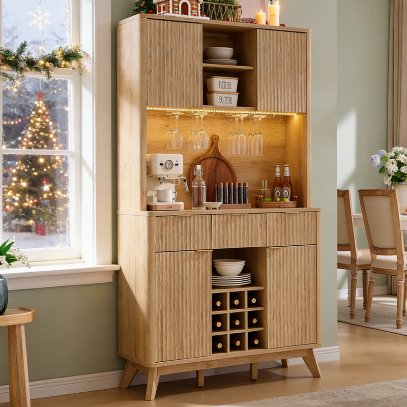72"h Wine Coffee Bar Cabinets With Led Lights, Tan
