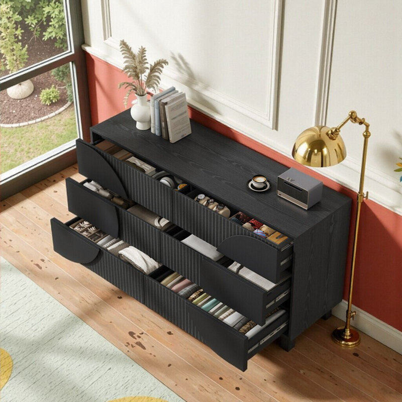 UnaLuz 6-Drawer Fluted Dresser With Solid Wood Legs, Spacious Storage Cabinet For Bedroom Or Living Room, Carbon Black