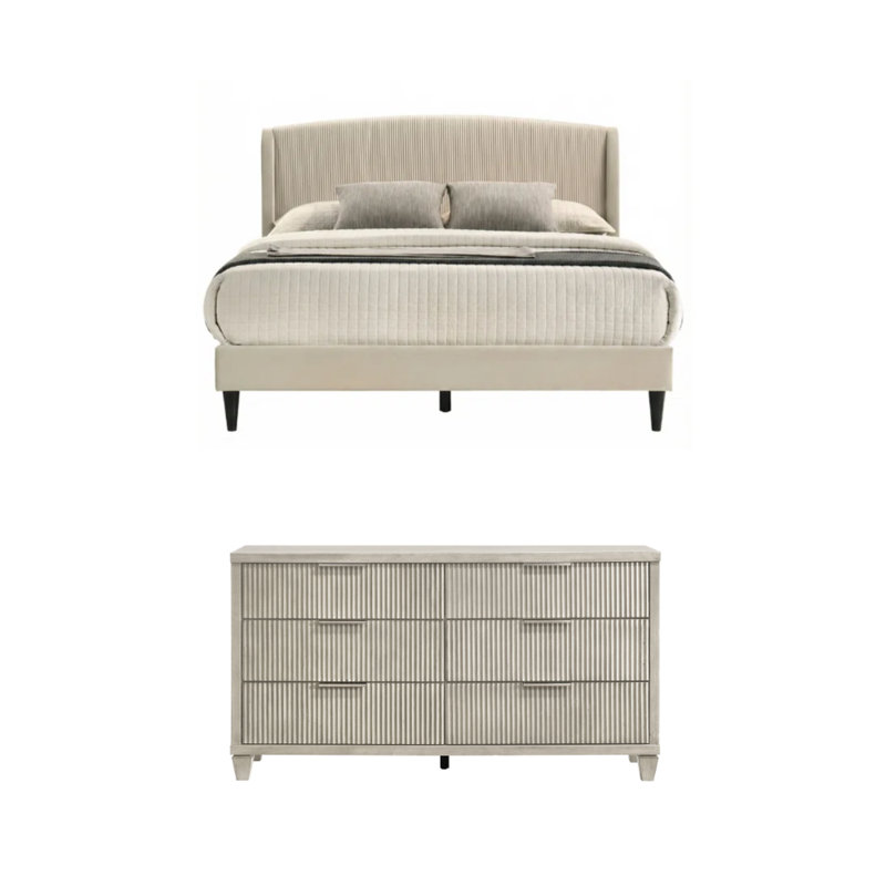 Jolande Contemporary Solid Wood 2 Pieces Bedroom Set, Full, 2 Pcs: Bed, Dresser