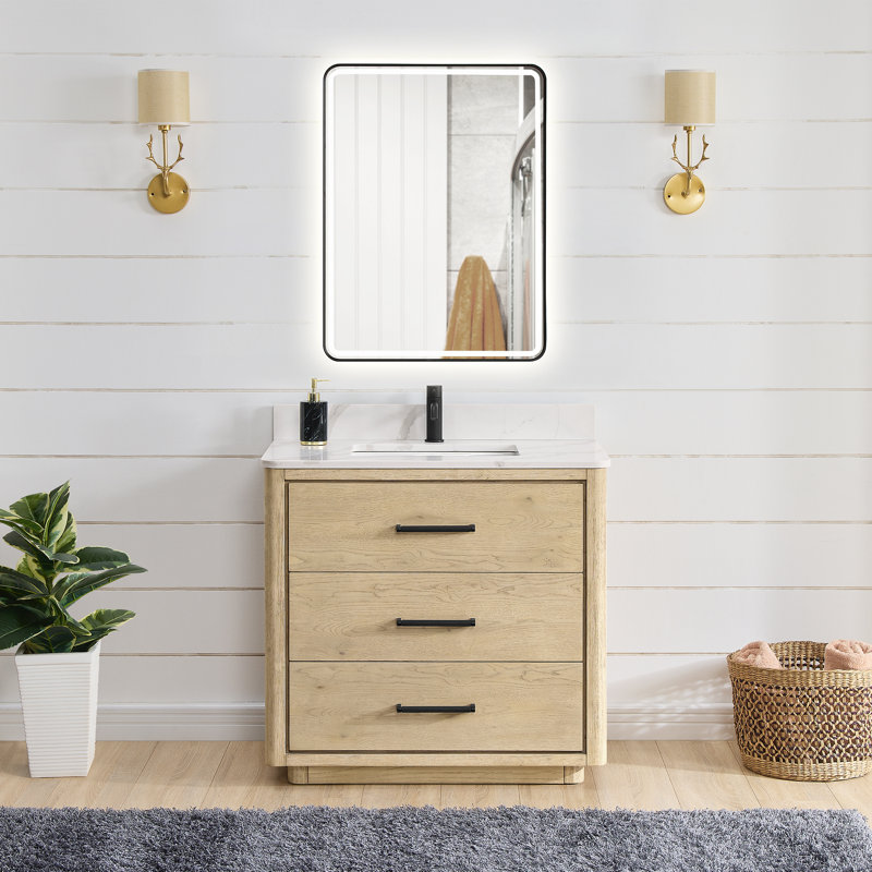 Meuble-lavabo sur pied simple 36 po avec plateau en quartz Calacatta et miroir Porto, Naturel, Noir mat
