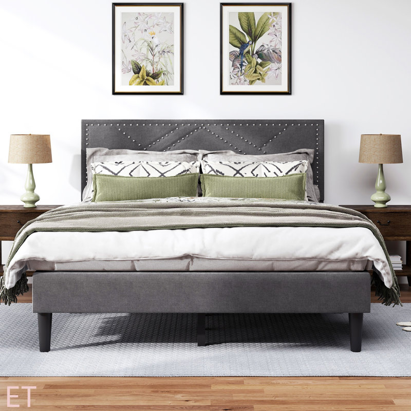 Structure de lit, tête de lit en lin, solide et stable, sans bruit, rangement sous le lit, sans sommier, poids 396,8 lb