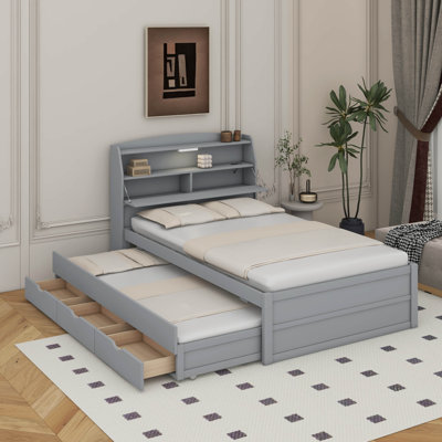 Lit plateforme en bois avec lit gigogne et tiroirs à DEL