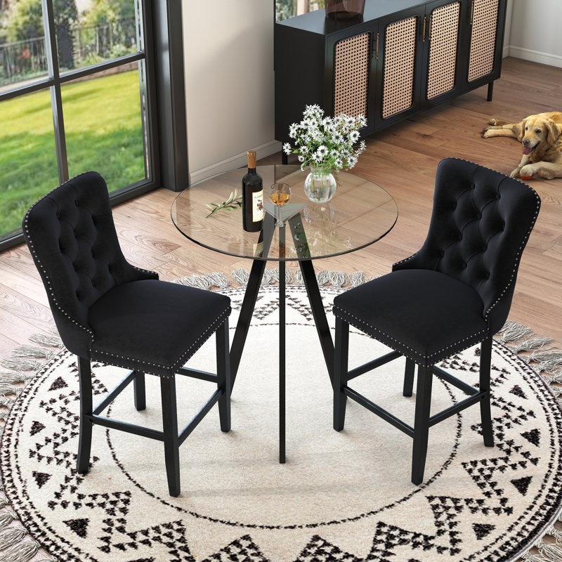 Tempered Glass Round Bar Table Set, Bar Height Set, Tempered Glass Round Dining Table And Height Bar Stools, Black, Black