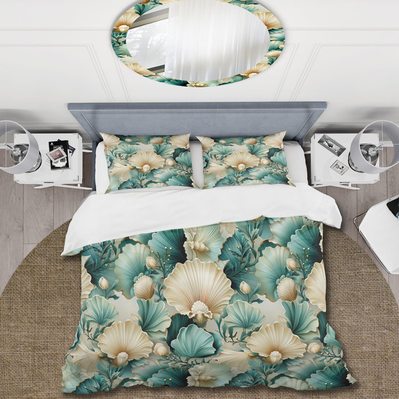 White And Teal Coastal Vintage Seashells Bedding, Housse de couette pour grand lit et 2 taies décor