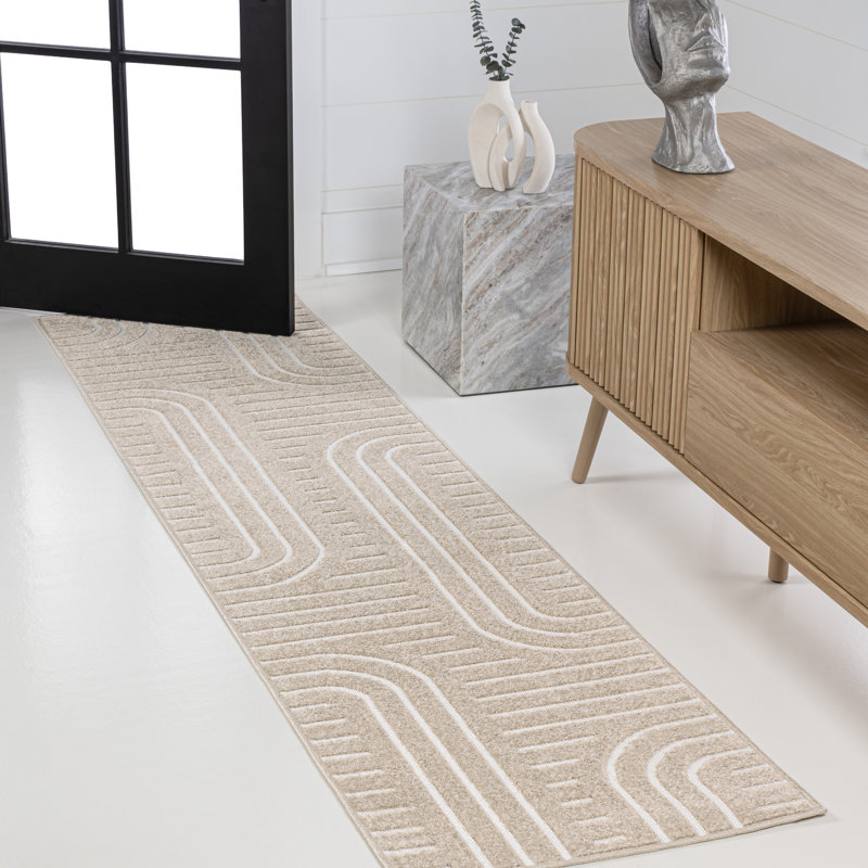 Alexuss High-Low MidCentury Modern Arch Stripe Two-Tone Beige/Cream Indoor/Outdoor Rug, Runner 2' x 8'