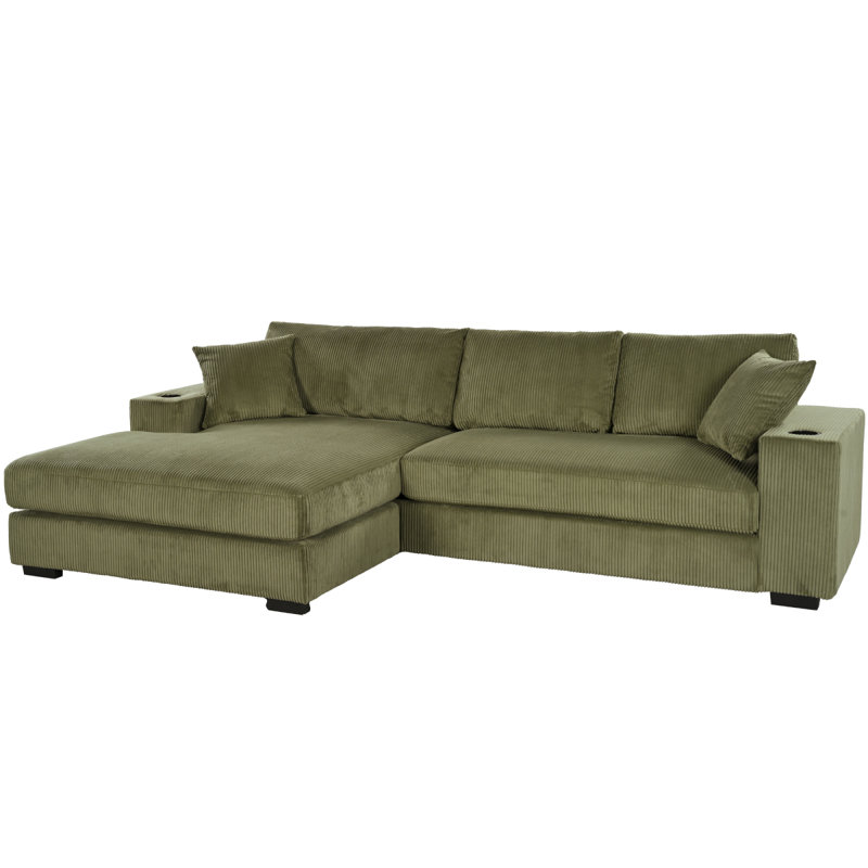 Mirod Large Sectional Sofa With Thick Cushions, And Builtin Cup Holders & Charging Ports, Green Corduroy