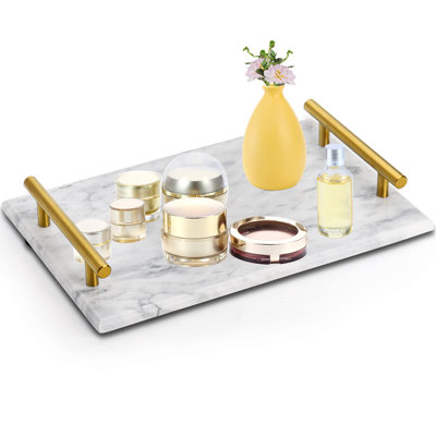 Marble Tray With Gold Handles, White Marble Stone Decorative Tray