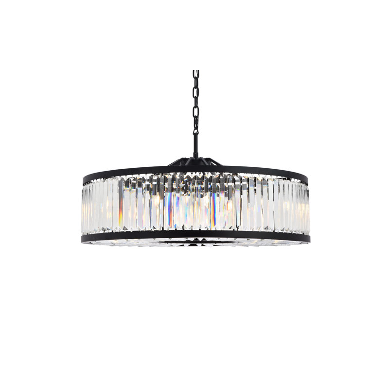 Lustre tambour unique à 10 lumières Dorinda, Transparent, Noir mat