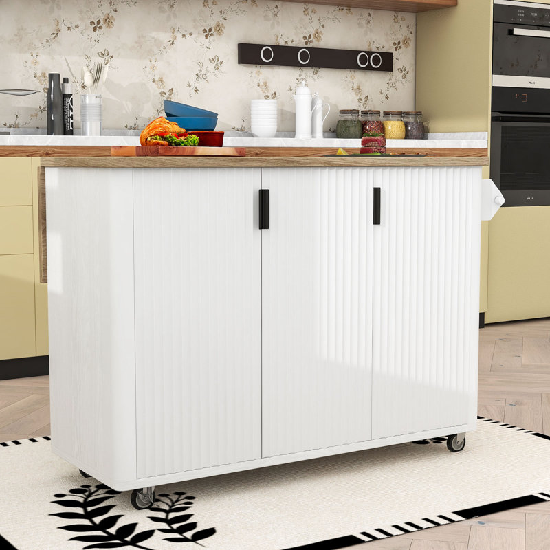 Corilla Farmhouse Rolling Wooden Kitchen Cart with Expandable Drop-Leaf and Internal Storage, White Ash