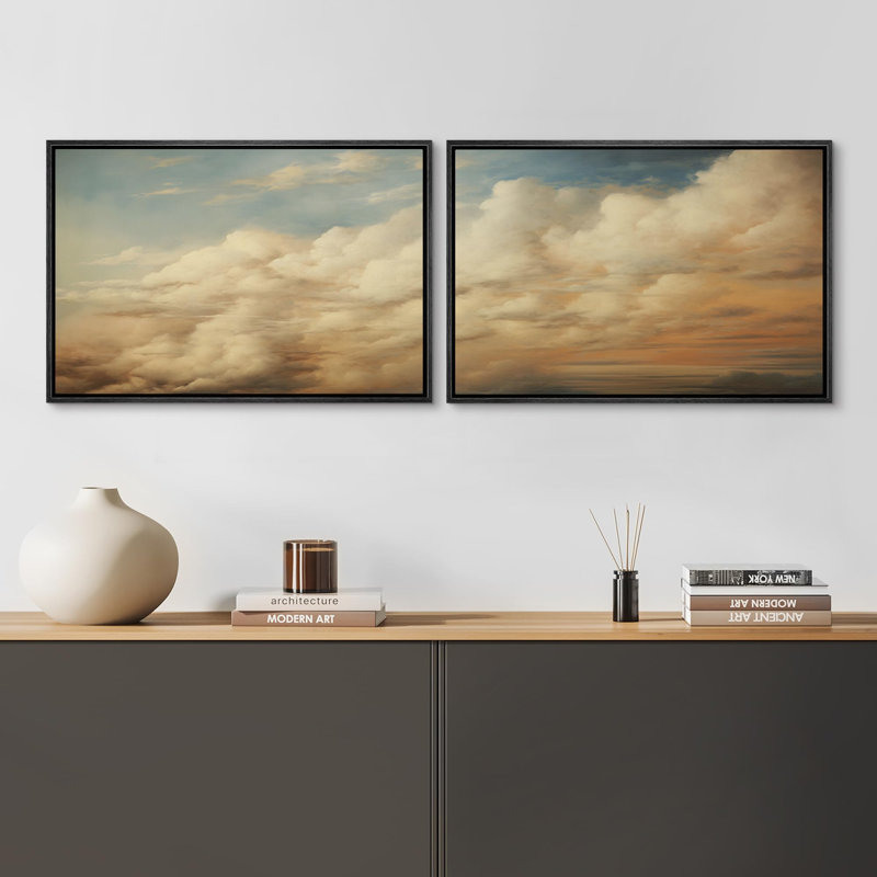 «Clouds« Ethereal Skies Soft Clouds Landscape And Sunset Rustic »2 pièces, Cadre noir, H 16 po x l 24 po