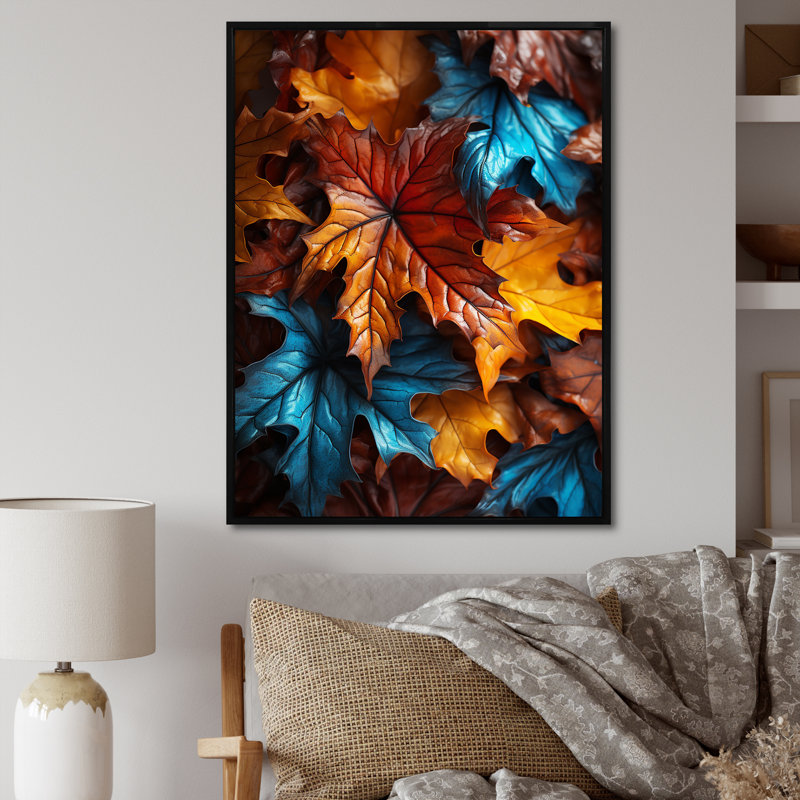 Orange et jaune feuilles d'automne - feuilles, art mural, Cadre flottant noir, H 44 po x l 34 po x P 1,5 po