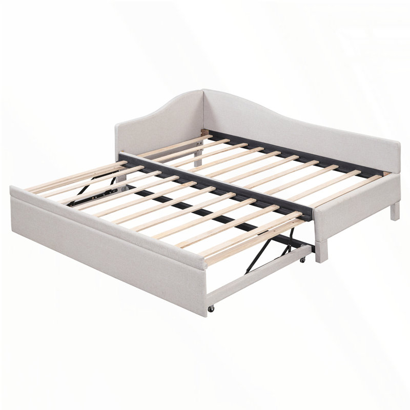L-Shaped Upholstered Daybed With Pop Up Trundle, Beige