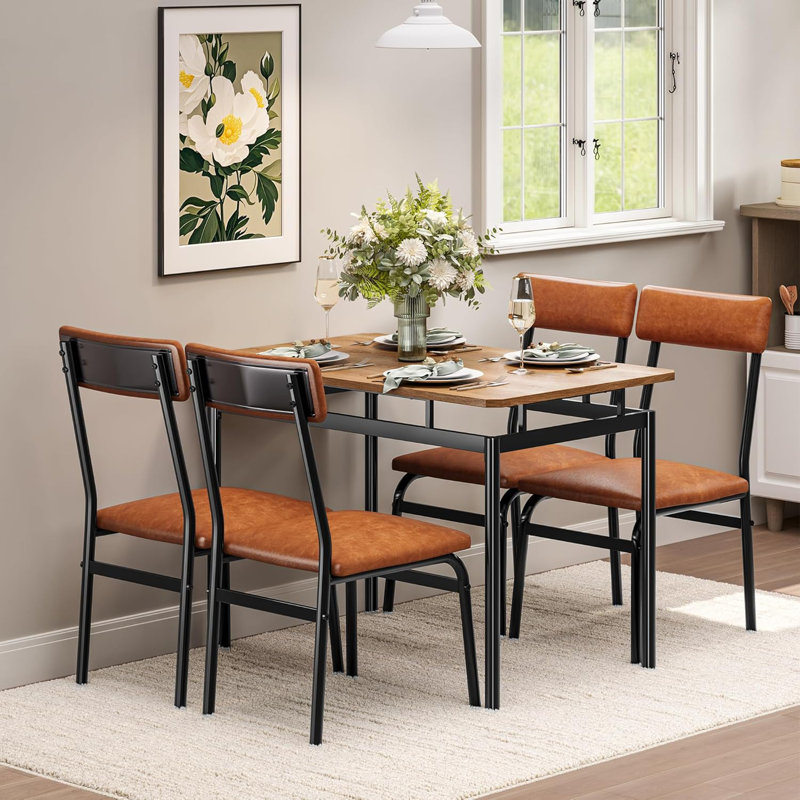 5-Piece Dining Table Set for 4, Wood & Metal Kitchen Dinner Table Set with 4 Upholstered Chairs, Modern Design and Space-Saving, for Dining Room, Apartment, Easy to Assemble, Brown