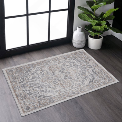 Tapis 2 x 3 ivoire / beige / oriental non délesté salon chambre à manger bureau à domicile élégant et résistant aux taches