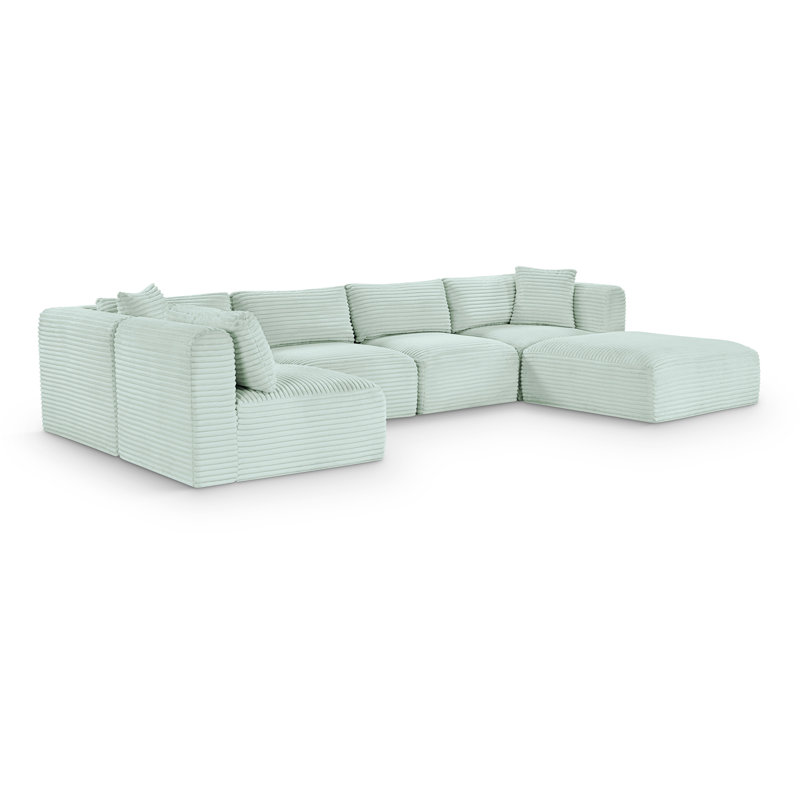 Canapé modulaire Carmean, Velours côtelé texturé velours menthe, 3 sans accoudoirs, 2 en coin, 1 repose-pieds