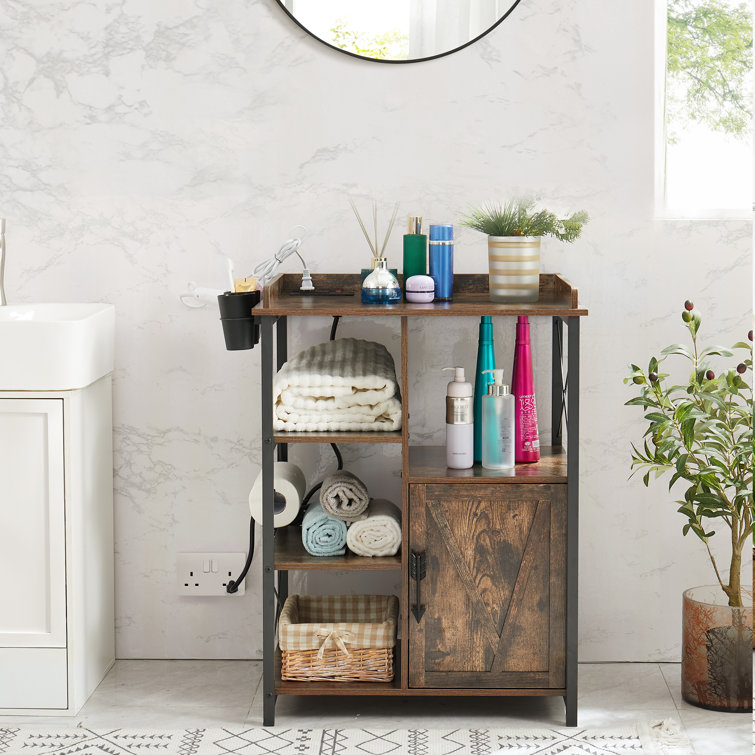 17 Stories Haslom Bathroom Floor Cabinet Freestanding Wood Storage Cabinet  with Power Outlet Storage Organizer