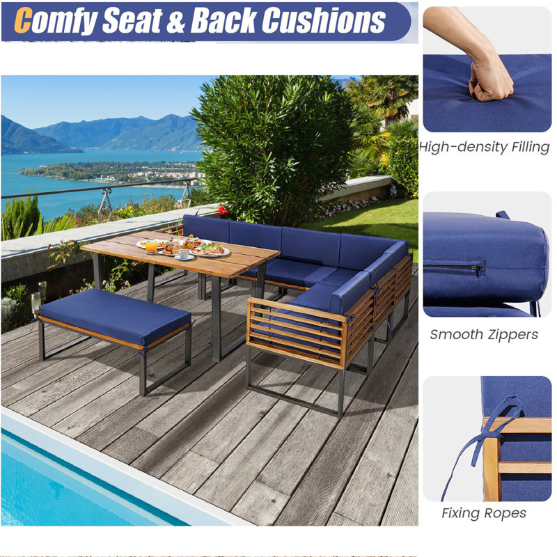 Latitude Run® 8pcs Patio Dining Set Acacia Wood L Shaped Sectional Sofa Set W/ Navy Cushions