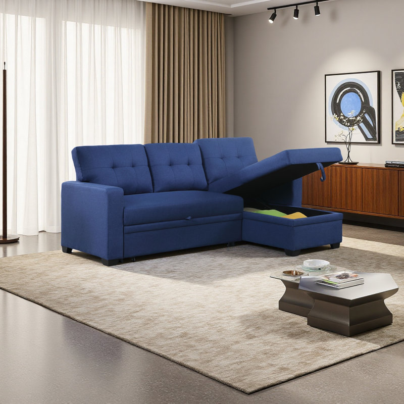Canapé modulaire rembourré avec méridienne, Lin bleu