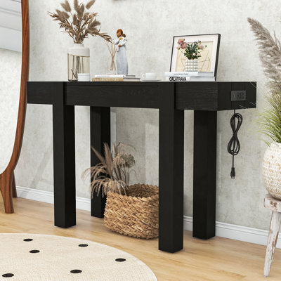 Console rustique en bois avec tiroir, prise de courant