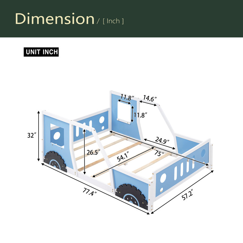 Classic Car-Shaped Platform Bed With Wheels, Blue, Full