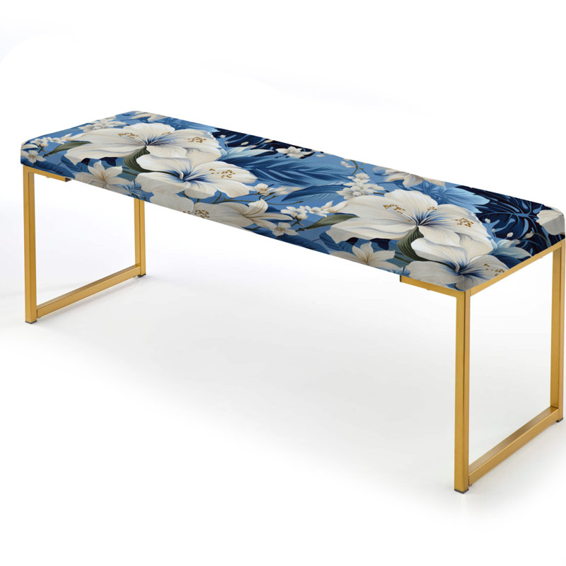 Upholstered Gold Bench, Azure Oasis Tropical Pattern V