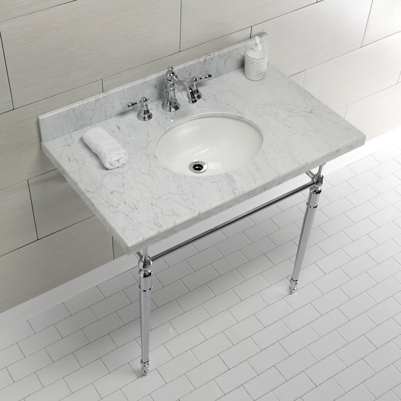Lavabo de salle de bain console rectangulaire en céramique avec trop-plein Edwardian, Marbre blanc / chrome poli