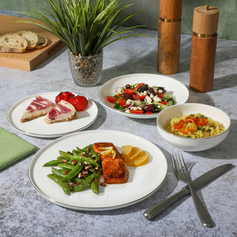 White Porcelain 16-Piece Minimalist Dinnerware Set with Gold Rim