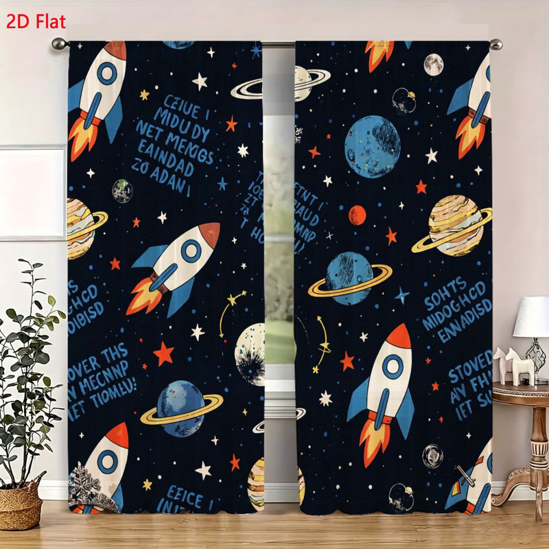 2 Pack Outer Space Theme Curtains For Kids Bedroom Planets And Rockets Pattern Window Drapes Soft Decorative Fabric Panels For Nursery Playroom Decor