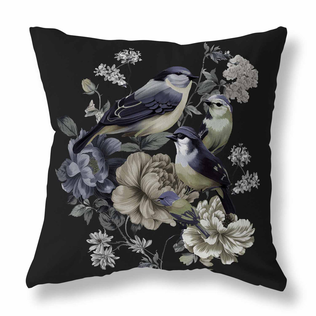 Petal Perched Birds Floral Square Cushion With Filling