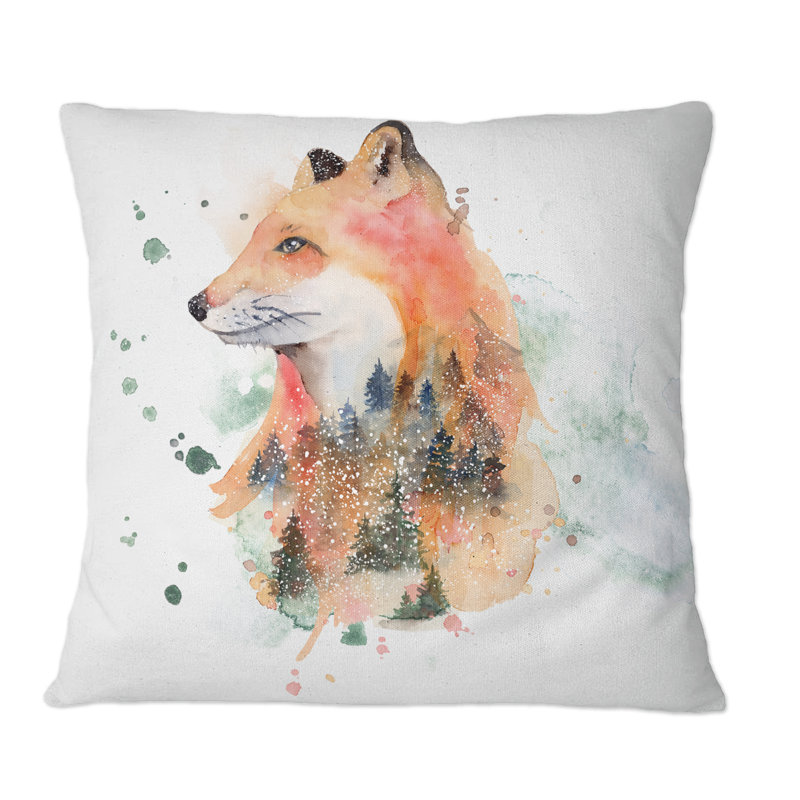 Dessin de renard orange III - coussin décoratif traditionnel imprimé, 16 po x 16 po