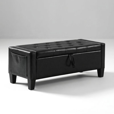 Upholstered Storage Ottoman Bench with Safety Hinge and Tufted Lid, Entryway Seating for Living Room and Bedroom, Black Fabric