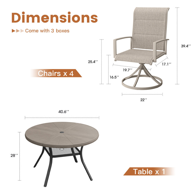 Aluminum Patio Dining Set with 4-person Round Dining Table and 4 Swivel PVC-coated polyester  Padded Dining Chairs