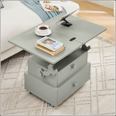 Table de bout roulante à hauteur ajustable laquée ultrabrillante avec station de charge, roues universelles et tiroirs de rangement pour le salon et la chambre à coucher