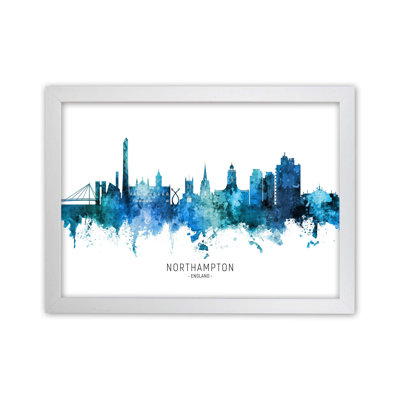 Northampton England Skyline Blue City Name by Michael Tompsett - Print