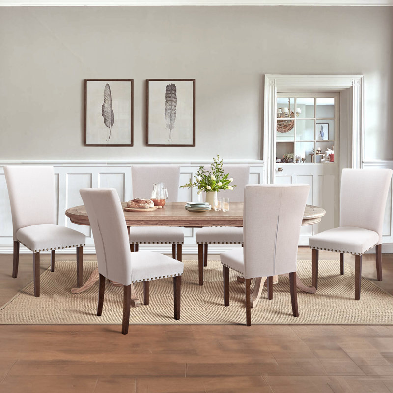 Chaise de salle à manger rembourrée en cuir avec garniture cloutée (ensemble de 6), Beige