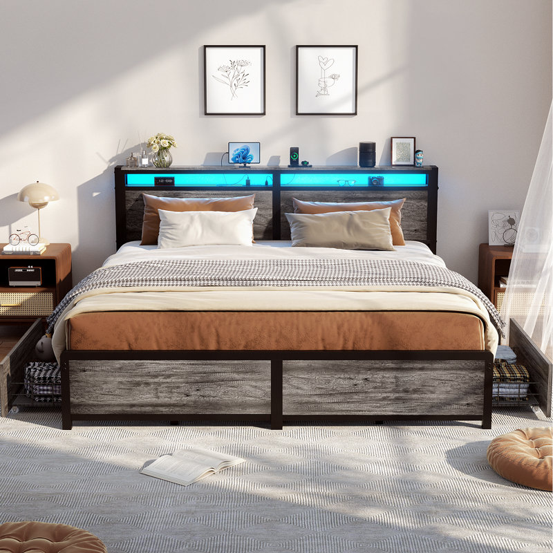 Kurland Bed Frame with 4 Drawers & Storage Headboard, Gray, King