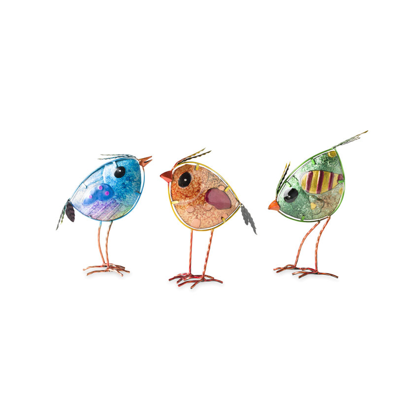 Statues d'oiseaux d'intérieur / extérieur en verre et métal iridescent, ensemble de 3